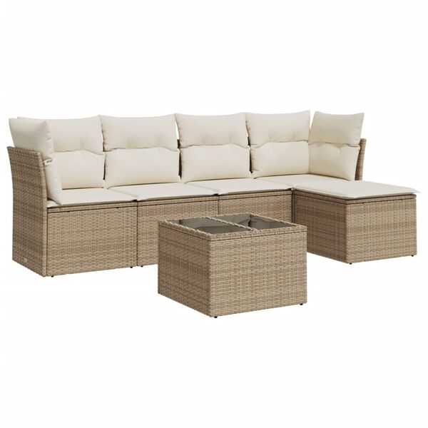 vidaXL 6-delige Loungeset met kussens poly rattan beige