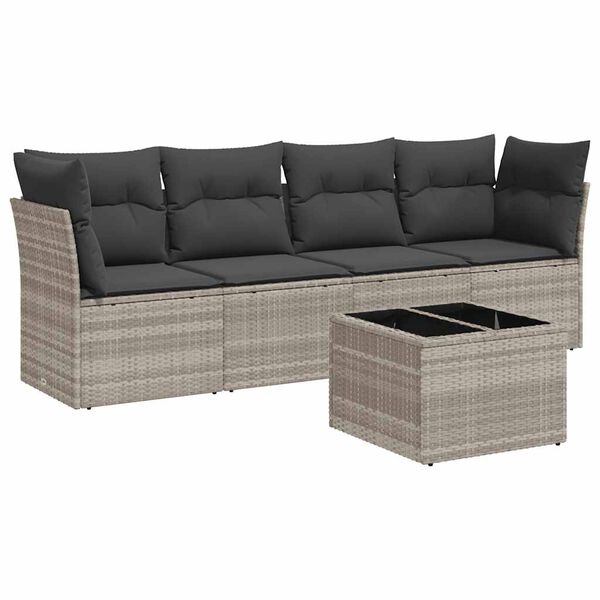 vidaXL 5-delige Loungeset met kussens poly rattan lichtgrijs