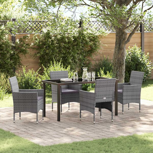 vidaXL Tuin eettafelset met kussen 5 pcs Grijs poly rattan