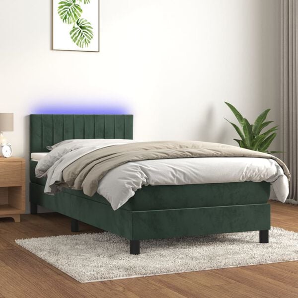 vidaXL Boxspring met matras en LED fluweel donkergroen 90x200 cm