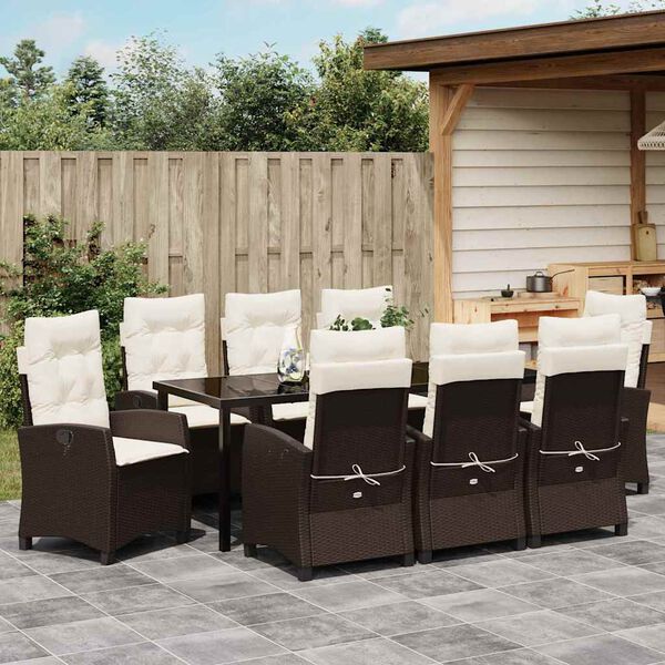 vidaXL Tuin eettafelset met kussen 9 pcs Bruin poly rattan