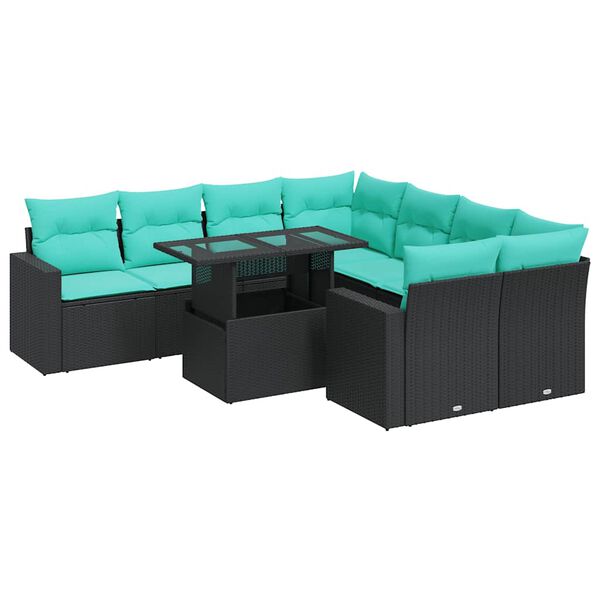 vidaXL 9-delige Loungeset met kussens poly rattan acacia zwart