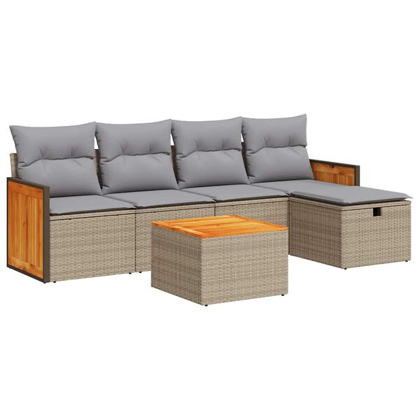 vidaXL 6-delige Loungeset met kussens poly rattan beige