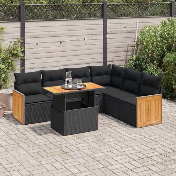 vidaXL 7-delige Loungeset met kussens poly rattan acacia zwart