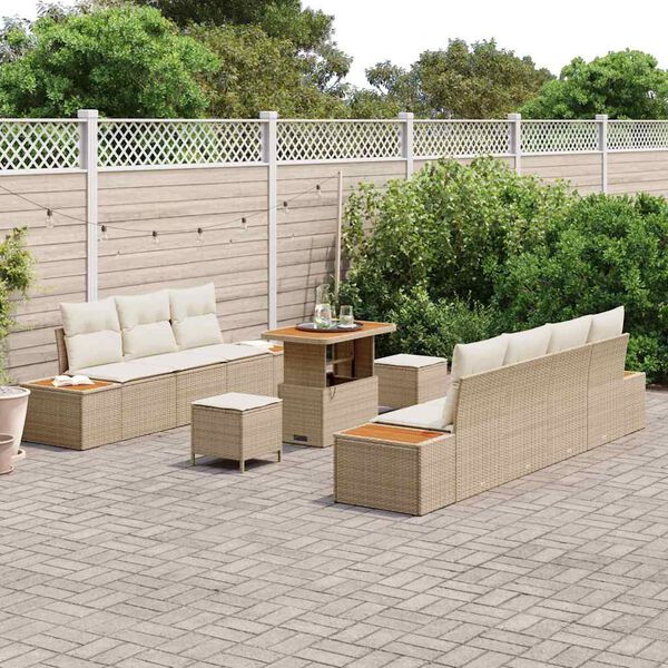 vidaXL Tuinbankenset met kussen met opslag 10 pcs Beige Poly riet