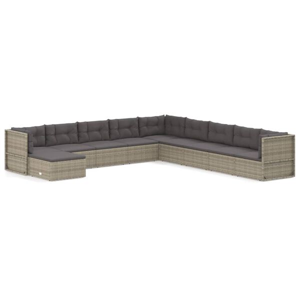 vidaXL 10-delige Loungeset met kussens poly rattan grijs