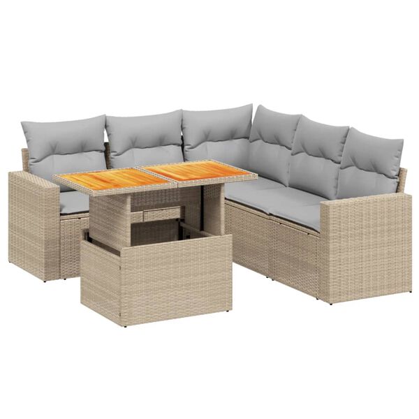 vidaXL 6-delige Loungeset met kussens poly rattan beige