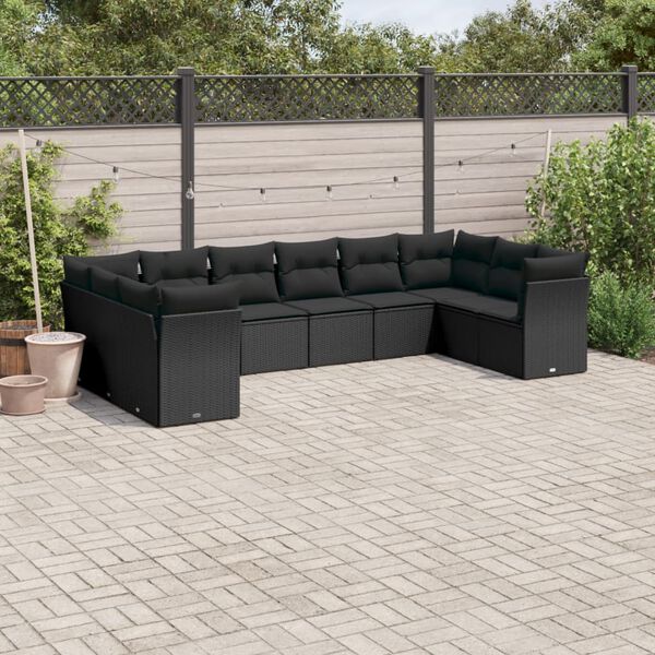 vidaXL 10-delige Loungeset met kussens poly rattan zwart
