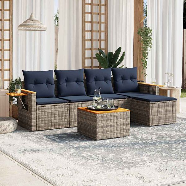 vidaXL 6-delige Loungeset met kussens poly rattan grijs