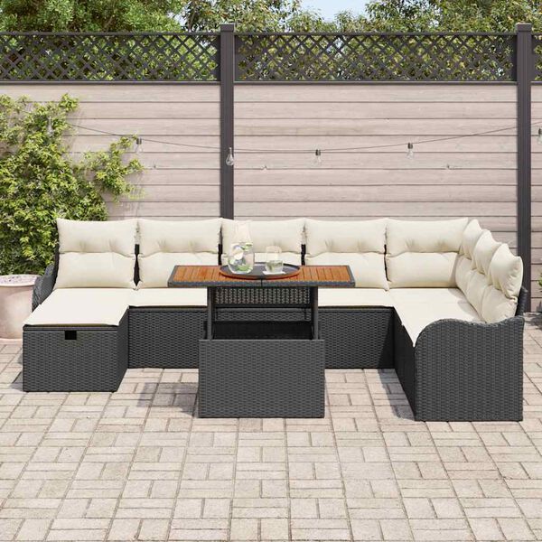 vidaXL Tuinbankenset met kussen met opslag 9 pcs Zwart poly rattan
