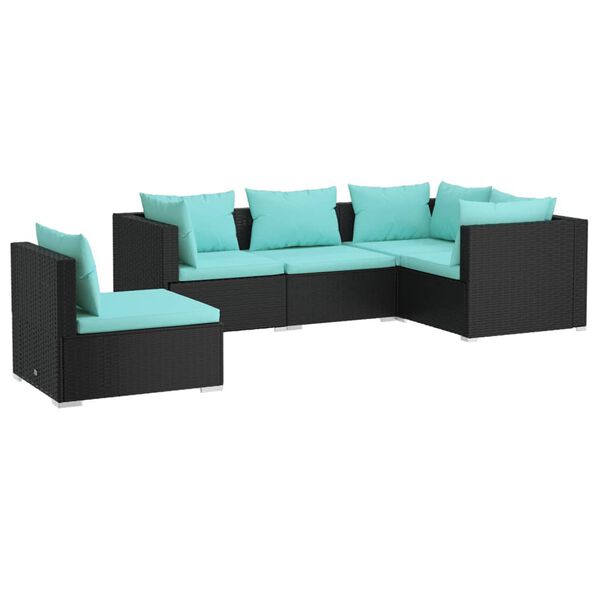 vidaXL 5-delige Loungeset met kussens poly rattan zwart