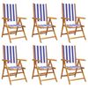vidaXL Verstelbare klapstoelen, 6 stuks, blauw-witte stof en massief hout.