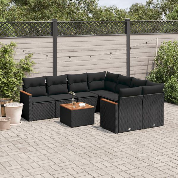 vidaXL 9-delige Loungeset met kussens poly rattan zwart