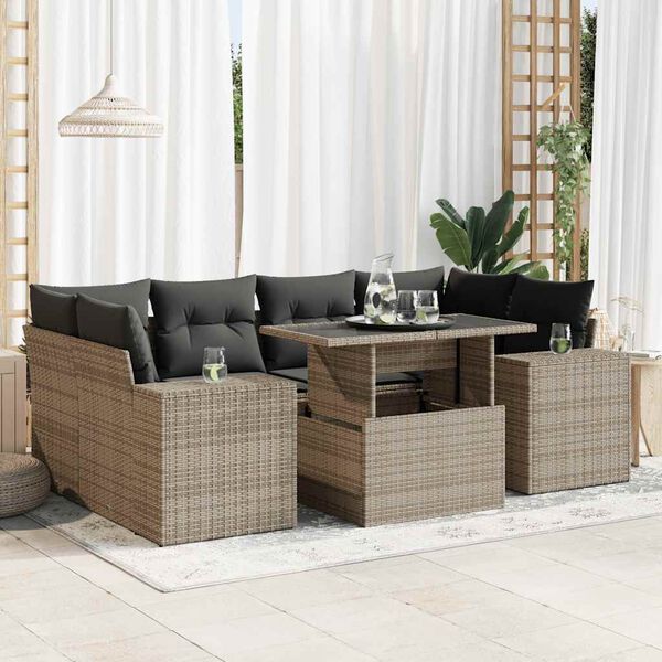 vidaXL 7-delige Loungeset met kussens poly rattan grijs