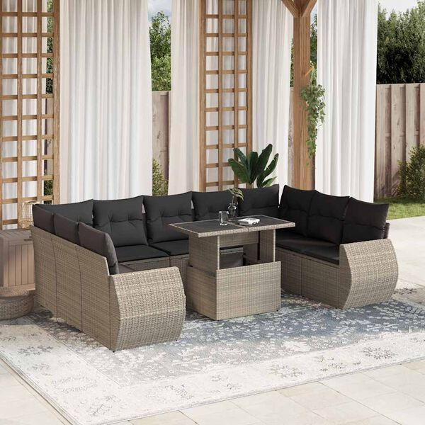 vidaXL 10-delige Loungeset met kussens poly rattan lichtgrijs