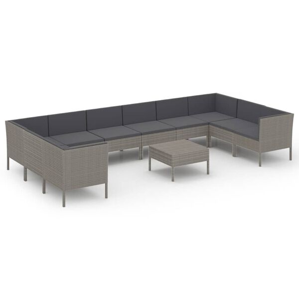 vidaXL 11-delige Loungeset met kussens poly rattan grijs