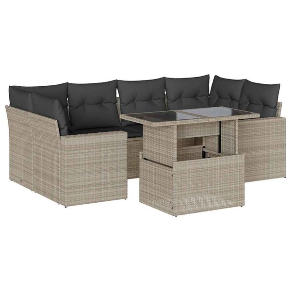vidaXL 7-delige Loungeset met kussens poly rattan lichtgrijs