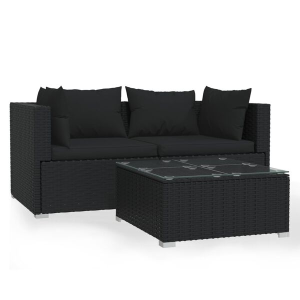 vidaXL 3-delige Loungeset met kussens poly rattan zwart