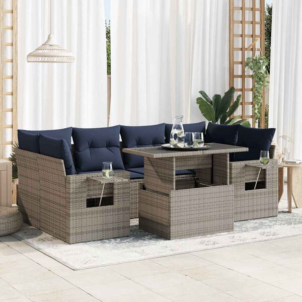 vidaXL 7-delige Loungeset met kussens poly rattan grijs