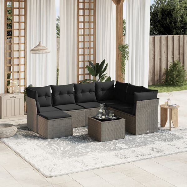 vidaXL 8-delige Loungeset met kussens poly rattan lichtgrijs