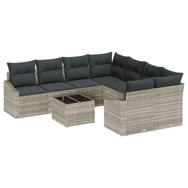 vidaXL Bankstel met kussen met kussen 9 pcs Lichtgrijs poly rattan