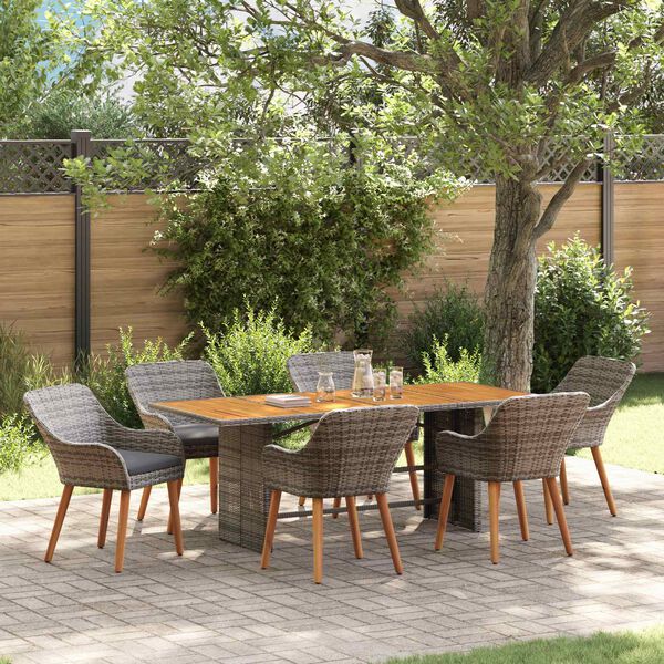 vidaXL Tuin eettafelset met kussen 7 pcs Grijs poly rattan