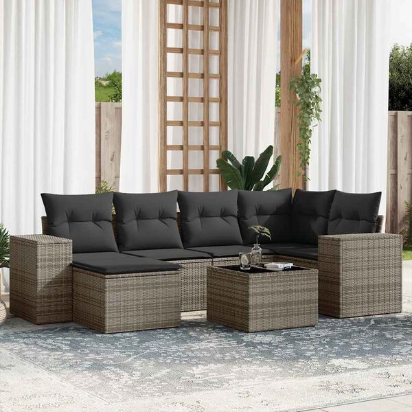 vidaXL 7-delige Loungeset met kussens poly rattan grijs