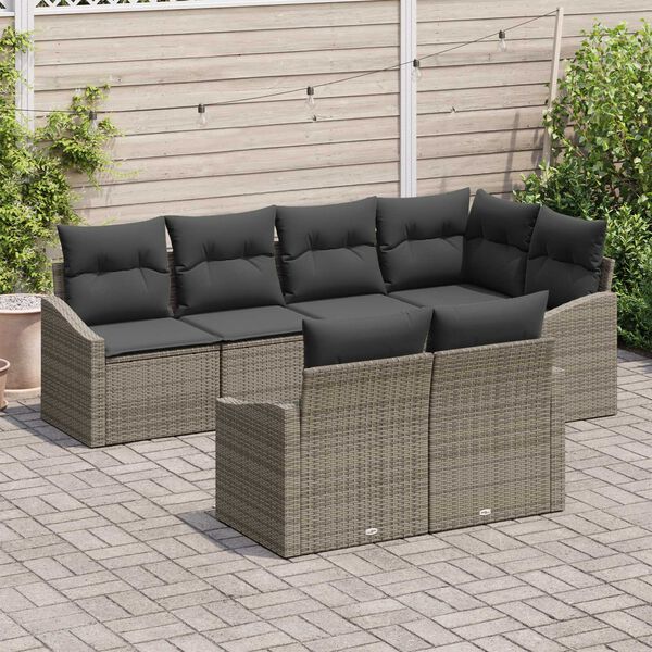 vidaXL Bankstel met kussen 7 pcs Grijs poly rattan