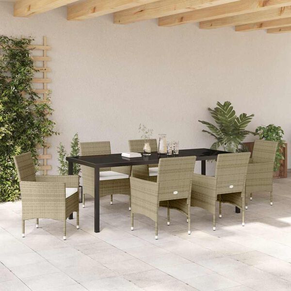 vidaXL Tuin eettafelset met kussen 7 pcs Beige poly rattan
