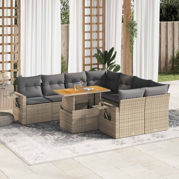 vidaXL 9-delige Loungeset met kussens poly rattan beige
