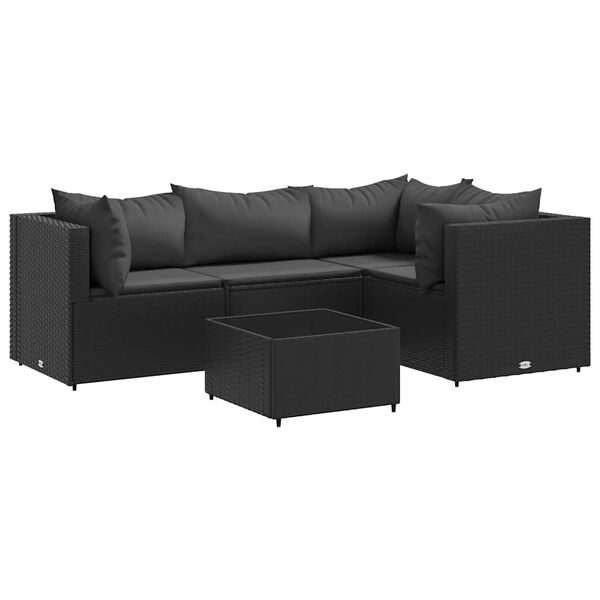 vidaXL 5-delige Loungeset met kussens poly rattan zwart