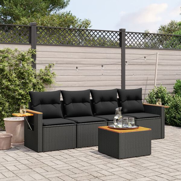 vidaXL 5-delige Loungeset met kussens poly rattan zwart