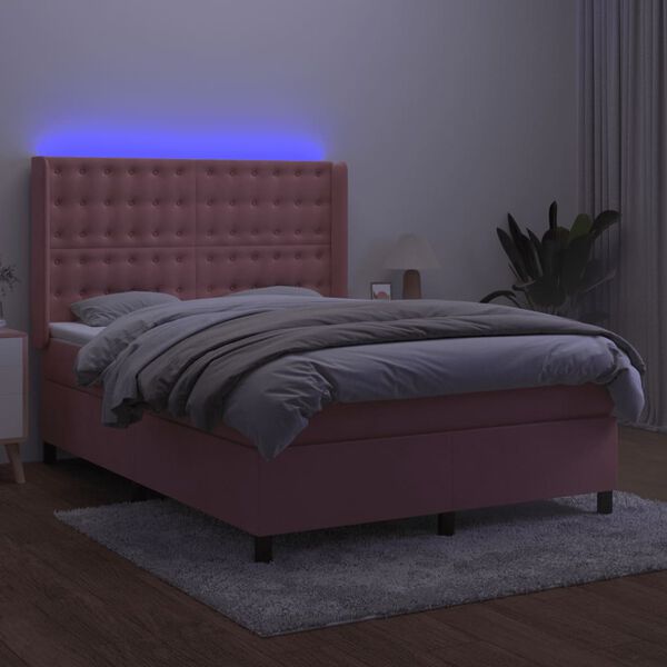 vidaXL Boxspring met matras en LED fluweel roze 140x190 cm