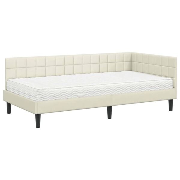 vidaXL Hoekbedframe met Matras Cr&egrave;me 90 x 190 cm Fluweel