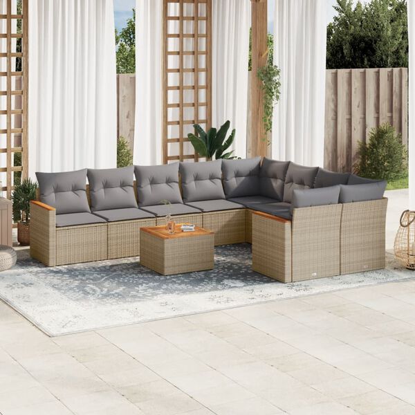 vidaXL 10-delige Loungeset met kussens poly rattan beige