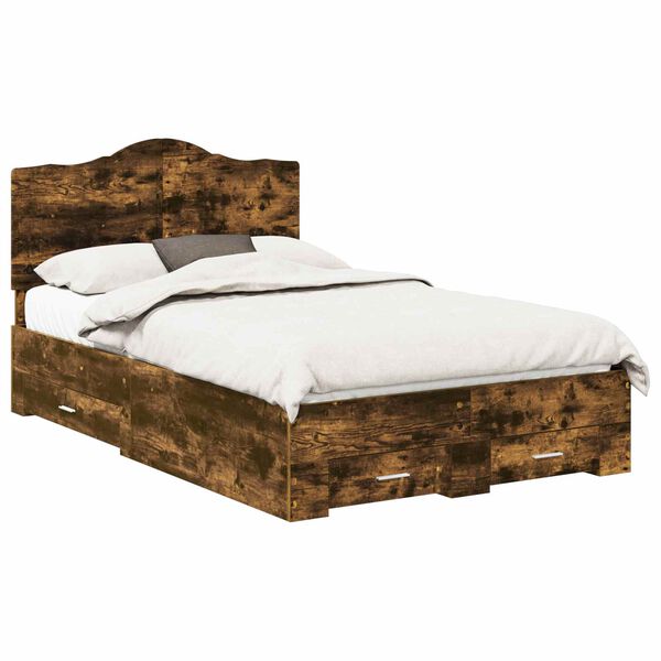 vidaXL Bedframe met hoofdeinde Gerookt eiken 135 x 190 cm Bewerkt hout