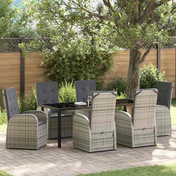 vidaXL Tuin eettafelset met kussen 7 pcs Grijs poly rattan