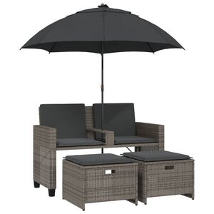vidaXL Tuinbank 2-zits met parasol en voetenbanken poly rattan grijs