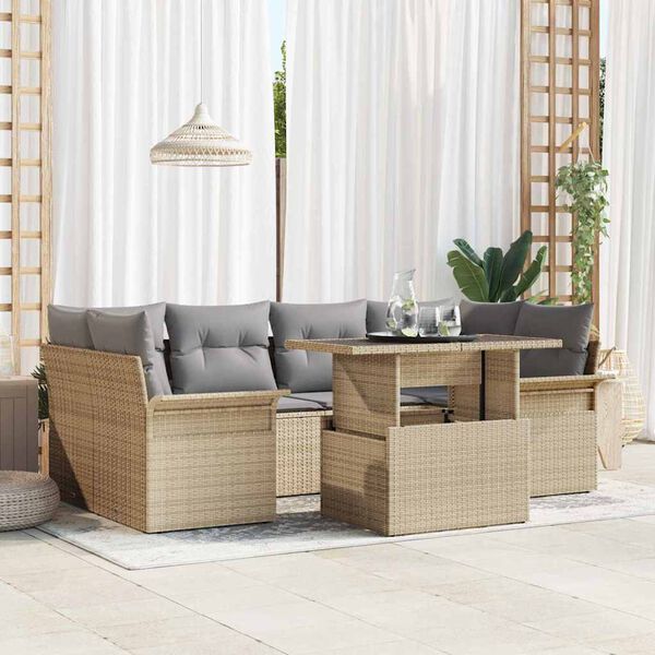vidaXL Tuin Sofa Set met kussen met opslag 7 pcs Beige Poly riet
