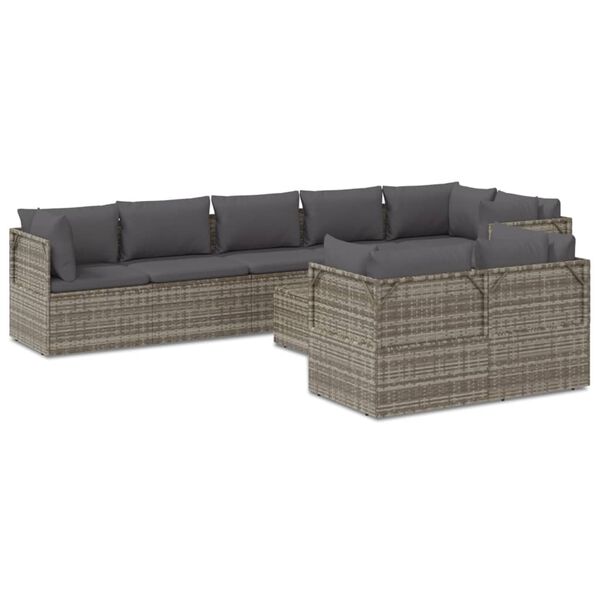 vidaXL 9-delige Loungeset met kussens poly rattan grijs