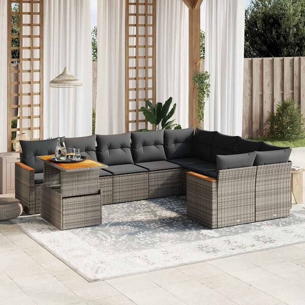 vidaXL 10-delige Loungeset met kussens poly rattan grijs