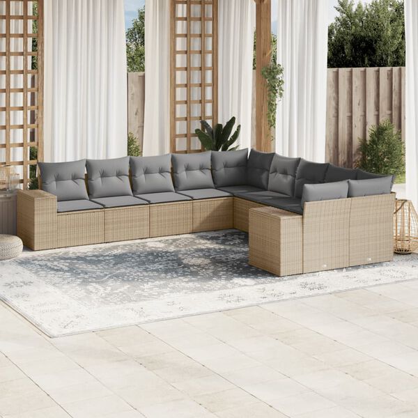 vidaXL 10-delige Loungeset met kussens poly rattan beige