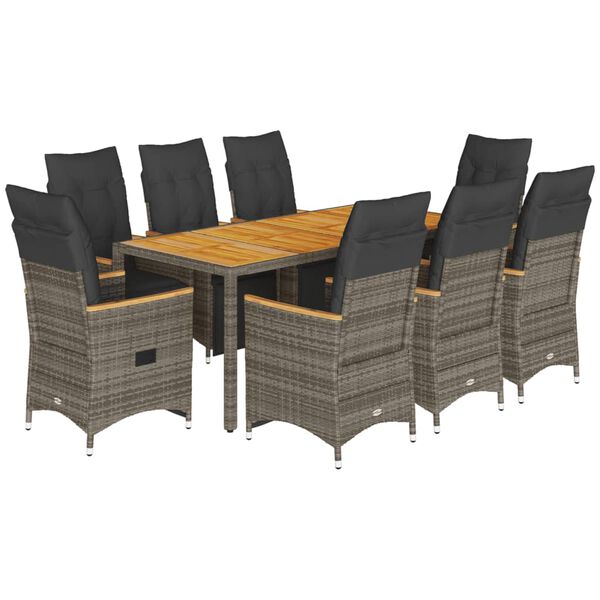 vidaXL 9-delige Bistroset met kussens poly rattan grijs