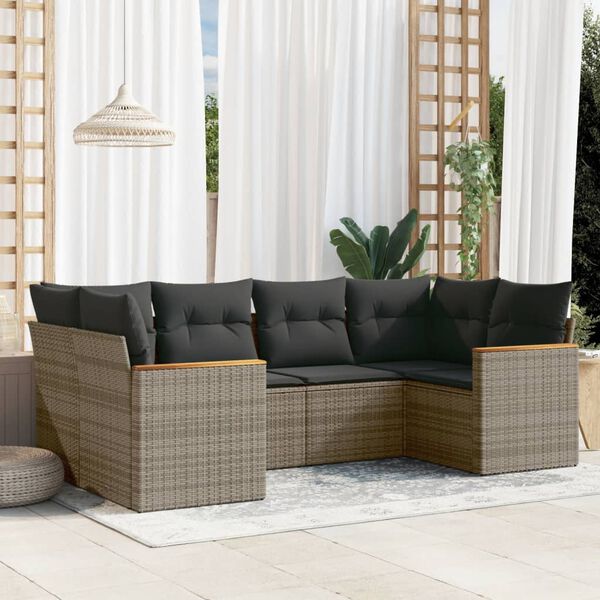 vidaXL 6-delige Loungeset met kussens poly rattan grijs