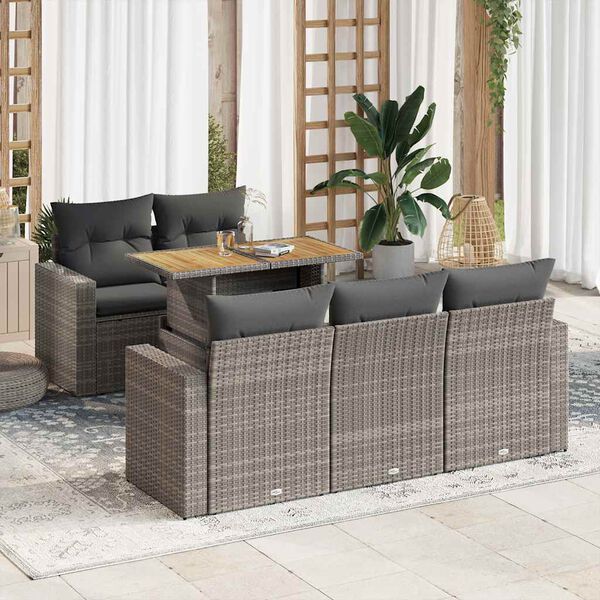 vidaXL 6-delige Loungeset met kussens poly rattan grijs