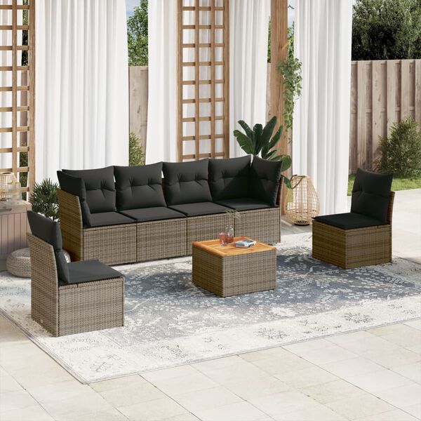 vidaXL 7-delige Loungeset met kussens poly rattan grijs