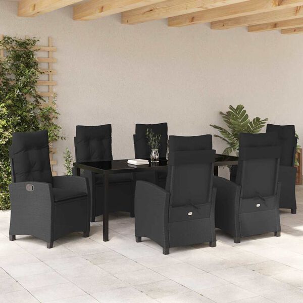 vidaXL Tuin eettafelset met kussen 7 pcs Zwart poly rattan