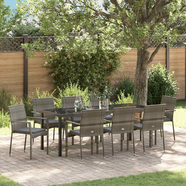 vidaXL Tuin eettafelset met kussen 9 pcs Grijs poly rattan