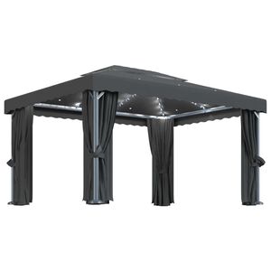 vidaXL Prieel met gordijn en LED-lichtslinger 4x3 m antracietkleurig