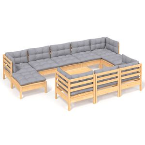 vidaXL 11-delige Loungeset met grijze kussens massief grenenhout
